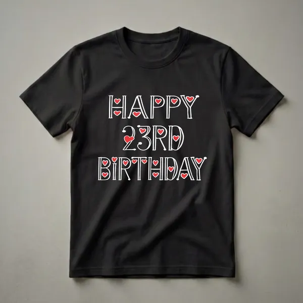 Black t-shirt with white text that reads 'HAPPY 23RD BIRTHDAY' decorated with red hearts.