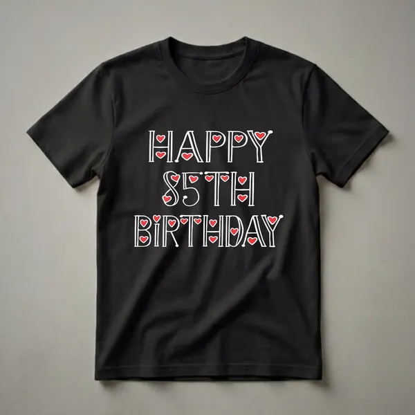 Black t-shirt with white text that reads 'HAPPY 85TH BIRTHDAY MOM AND DAD', with red hearts integrated into the lettering.