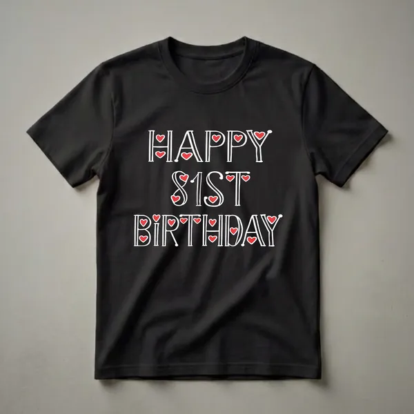 Black t-shirt with white text that reads 'HAPPY 81ST BIRTHDAY' with red hearts filling some of the letters.