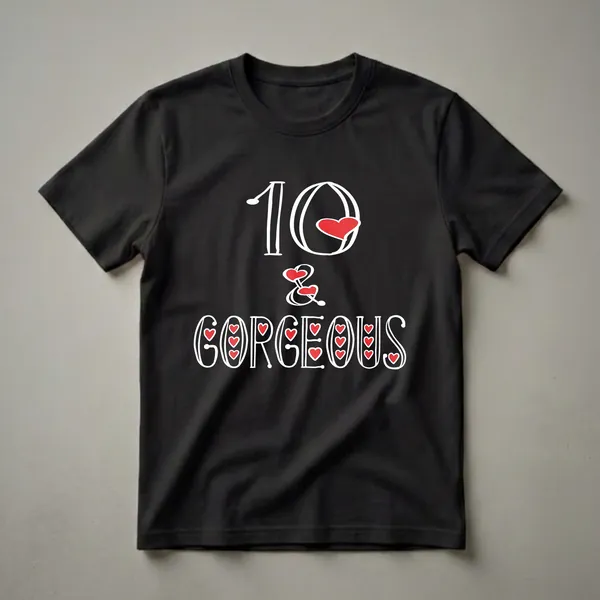 Black t-shirt with white text that reads '10 & Gorgeous' with red heart accents, celebrating a 10th birthday.