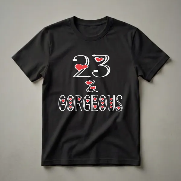 Black t-shirt with white stylized text reading '23 & Gorgeous', featuring red heart accents within the numbers and letters.