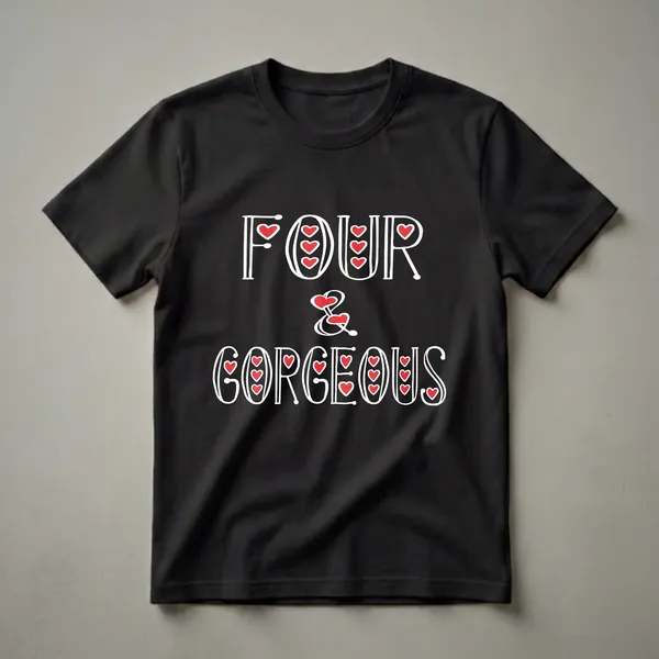 Black t-shirt with white text that reads 'FOUR & GORGEOUS', with red hearts integrated into the lettering, celebrating a 4th birthday.