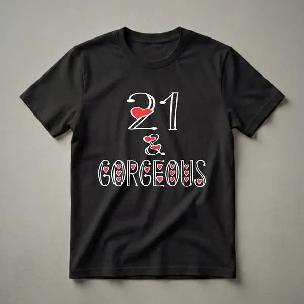 Black t-shirt with white stylized text '21 & GORGEOUS' and red heart accents, celebrating a 21st birthday.