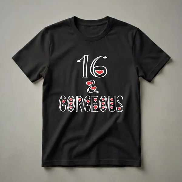 Black t-shirt with white text that reads '16 & Gorgeous' with red heart accents, celebrating a 16th birthday.