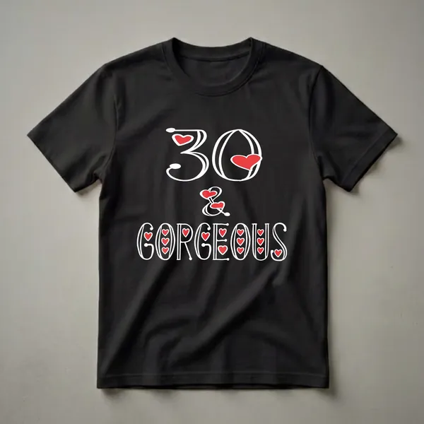 Black t-shirt with white stylized text '30 & GORGEOUS' and red heart accents, celebrating a 30th birthday.