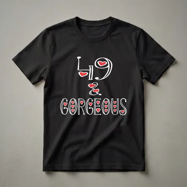 Black t-shirt with white stylized text that reads '49 & Gorgeous', featuring red heart accents.