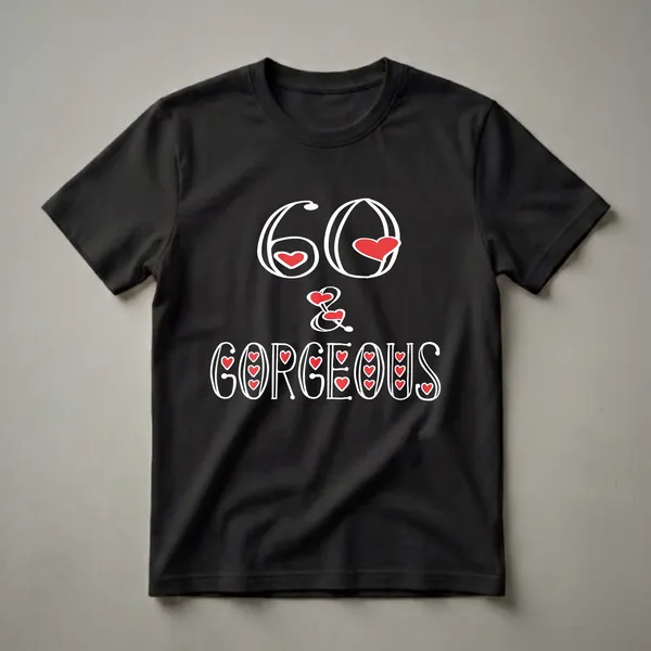 Black t-shirt with white text that reads '60 & GORGEOUS' and features red heart accents.