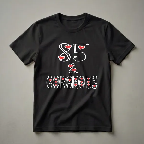 Black t-shirt with white stylized text '85 & GORGEOUS' and red heart accents, celebrating an 85th birthday.