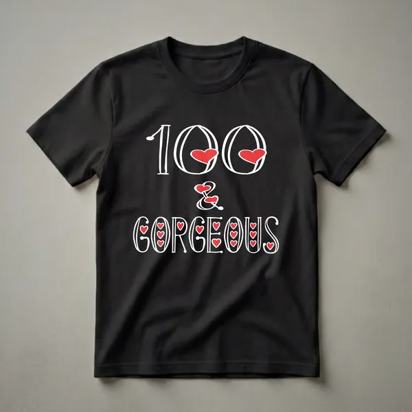 Black t-shirt with white text that reads '100 & GORGEOUS', featuring red heart accents within the numbers and letters.
