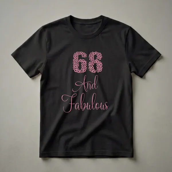 Black t-shirt with the number 68 formed by pink glittery hearts and the words 'And Fabulous' in pink glittery script.