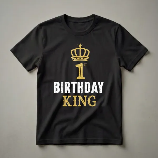 Black t-shirt with a gold crown graphic above the number '1' and the words 'BIRTHDAY KING' in distressed white and gold.