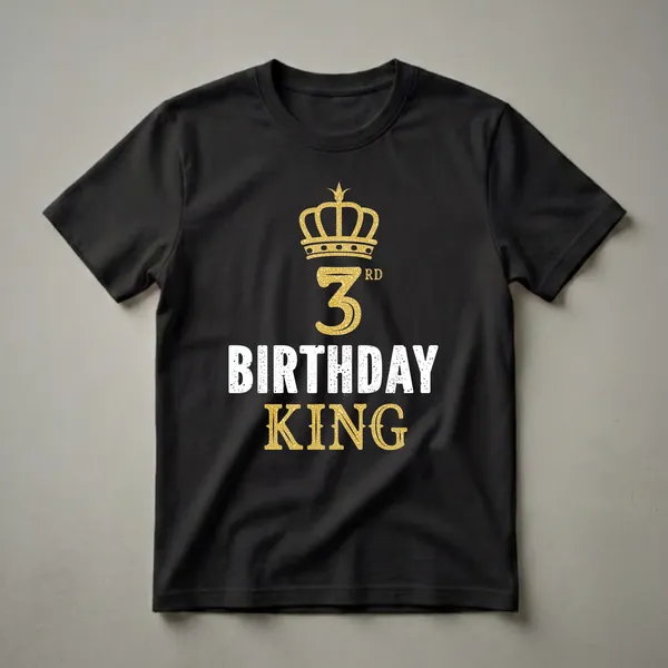 Black t-shirt with a gold textured crown above a large gold textured number 3 and the words BIRTHDAY KING in distressed white and gold.