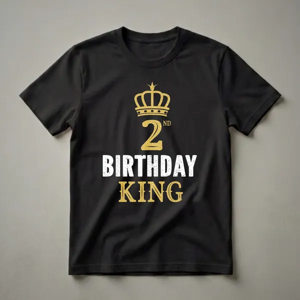 Black t-shirt with a gold crown and the text '2nd Birthday King' in gold and distressed white lettering.