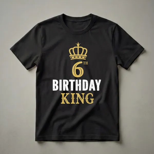 Black t-shirt with a golden crown graphic above the number 6 and the words 'TH BIRTHDAY KING' in white and gold.