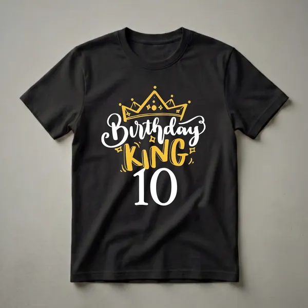 Black t-shirt with a graphic design featuring a golden crown, the words 'Birthday KING' in white and yellow, and the number '10' in white.