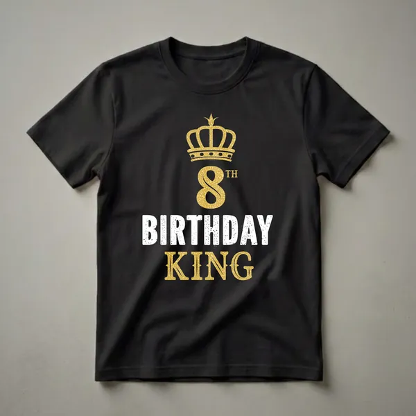 Black t-shirt with a gold crown graphic above the number 8 and the words BIRTHDAY KING in distressed white and gold lettering.