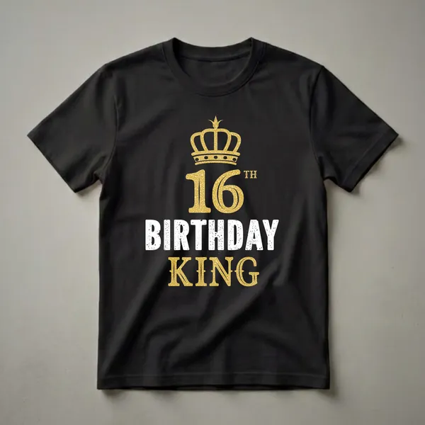 Black t-shirt with a golden crown graphic above the number 16 and the words 'BIRTHDAY KING' in distressed white and textured gold fonts.