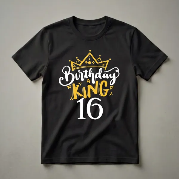 Black t-shirt with a graphic design featuring a golden crown, the words 'Birthday KING' in white and yellow, and the number '16' in white.