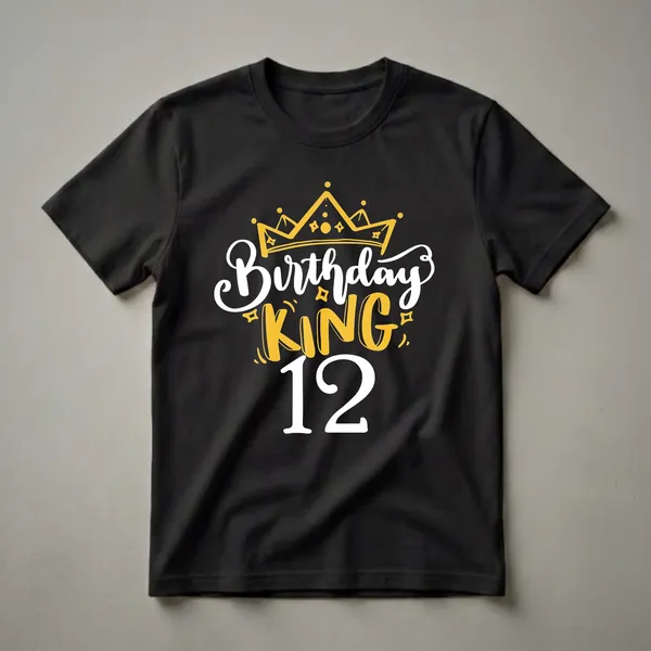 Black t-shirt with a graphic design that reads 'Birthday KING 12' in white and yellow lettering, topped with a golden crown and festive accents.