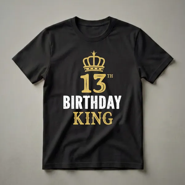 Black t-shirt with a gold textured crown above the number 13 and the words BIRTHDAY KING in distressed white letters.