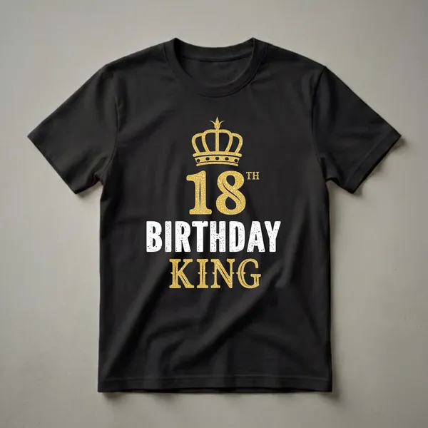 Black t-shirt with a graphic design that includes a golden crown, the number 18, and the words 'BIRTHDAY KING' in white and gold.