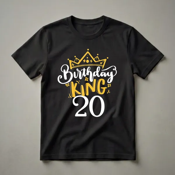 Black t-shirt with a graphic design that reads 'Birthday KING 20' in white and yellow, topped with a golden crown.