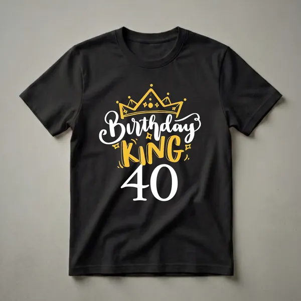 Black t-shirt with a graphic design featuring a golden crown above the words 'Birthday KING' in yellow and white, and the number '40' in white.