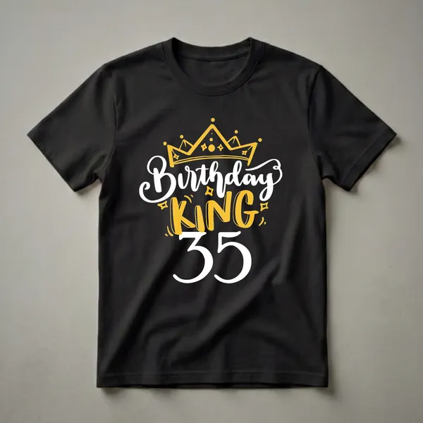 Black t-shirt with white and yellow graphic text that reads 'Birthday KING 35' with a golden crown above.