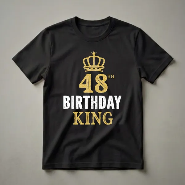 Black t-shirt with a gold crown graphic above the number 48 and the text 'TH BIRTHDAY KING' in distressed white and gold.