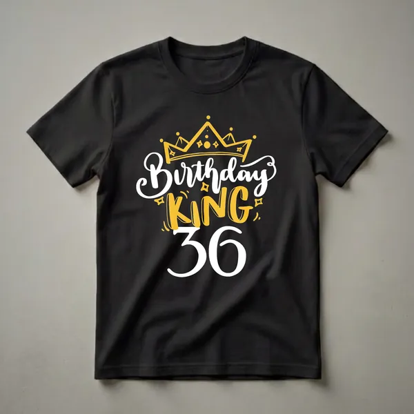 Black t-shirt with a graphic design that reads 'Birthday KING 36' with a golden crown and star accents.