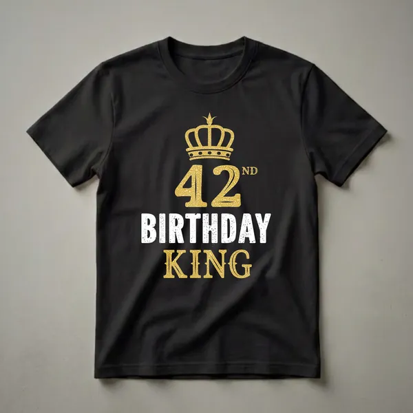 Black t-shirt with a gold crown and the number 42, followed by the words BIRTHDAY KING in distressed white and gold.
