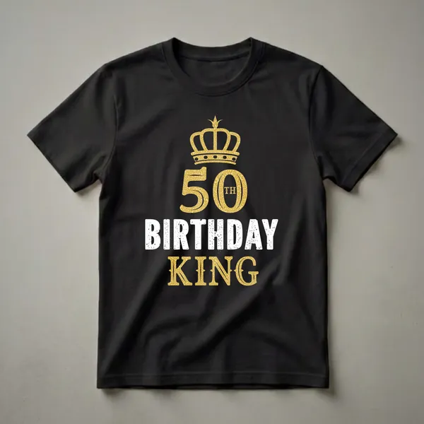 Black t-shirt with a gold crown graphic above the number 50 and the text 'TH BIRTHDAY KING' in distressed white and gold.