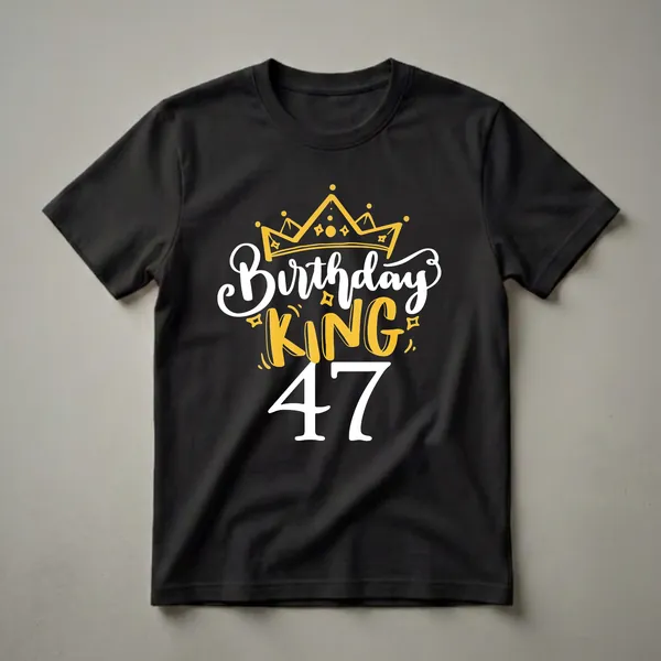 Black t-shirt with a graphic design that includes a golden crown, the words 'Birthday KING' in yellow and white, and the number '47' in white.