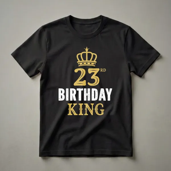 Black t-shirt with a gold textured crown above the number 23 and the words BIRTHDAY KING in distressed white letters.