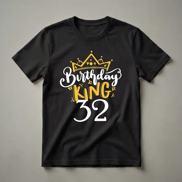Black t-shirt with a graphic design featuring a golden crown, the words 'Birthday KING' in white and gold, and the number '32' in white.