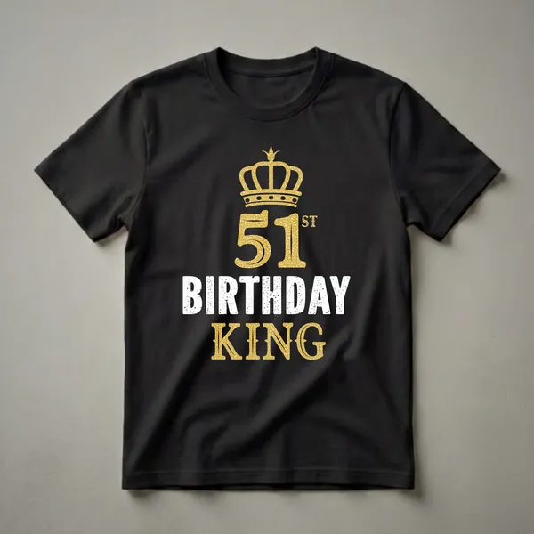 Black t-shirt with a gold glitter crown above the number 51 and the words BIRTHDAY KING in distressed white and gold glitter.