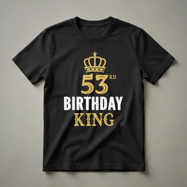 Black t-shirt with a golden crown graphic above the number 53 and the words BIRTHDAY KING in distressed white letters.