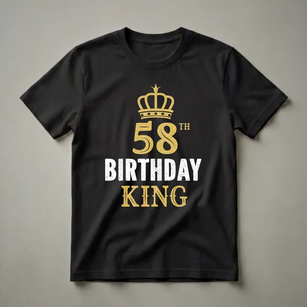 Black t-shirt with a golden crown graphic above the number 58 and the text '58th BIRTHDAY KING' in distressed white and gold.