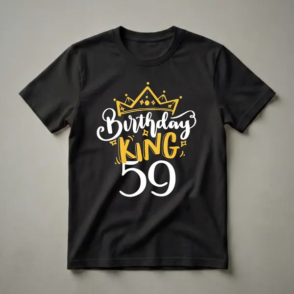 Black t-shirt with a graphic design that reads 'Birthday KING 59' in white and gold lettering, topped with a golden crown.