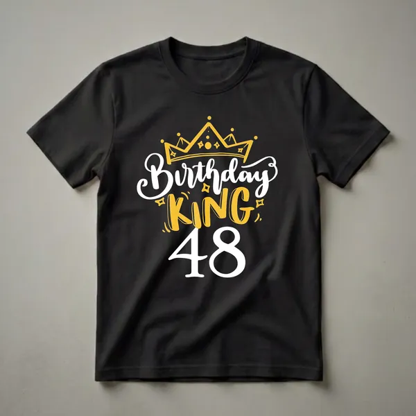 Black t-shirt with a graphic design that says 'Birthday King 48' with a golden crown above the text.