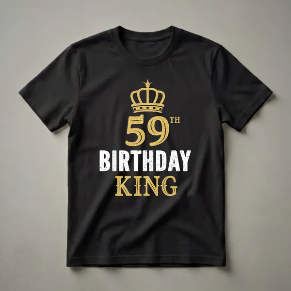 Black t-shirt with a gold textured crown above the number 59 and the words BIRTHDAY KING in distressed white and gold.