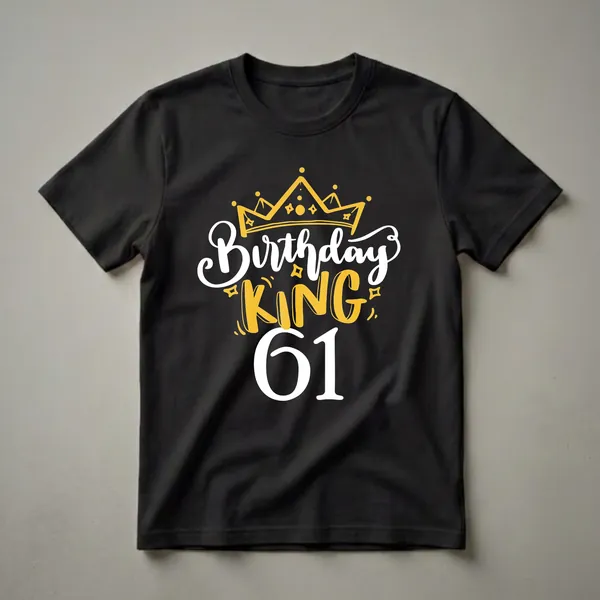 Black t-shirt with a graphic design that reads "Birthday KING 61" with a golden crown above the text.