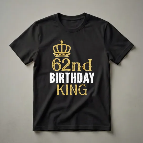 Black t-shirt with a gold glitter crown above '62nd' in gold glitter font, followed by 'BIRTHDAY' in distressed white font, and 'KING' in gold glitter font.