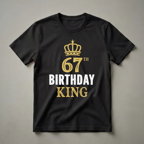Black t-shirt with a gold textured crown above the number 67 and the words BIRTHDAY KING in distressed white and gold.