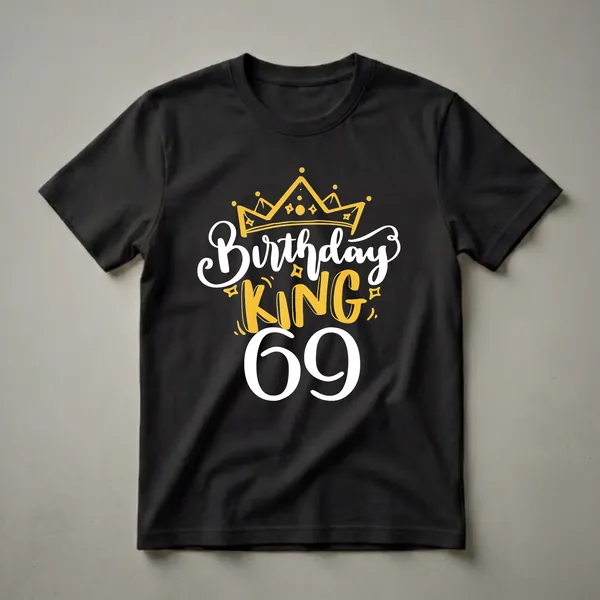 Black t-shirt with a graphic design that includes a golden crown, the words 'Birthday KING' in white and gold, and the number '69' in white.