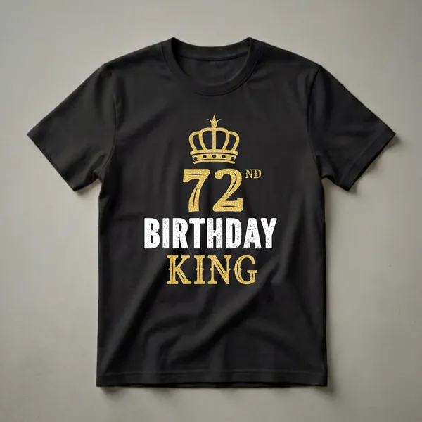 Black t-shirt with a golden crown graphic above the number 72 and the words BIRTHDAY KING in distressed white and gold.