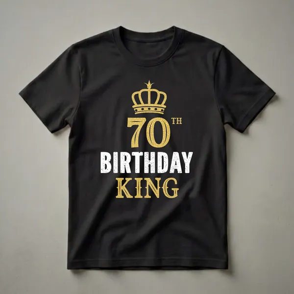 Black t-shirt with a gold crown graphic above the number 70 and the words 'BIRTHDAY KING' in distressed white and gold.