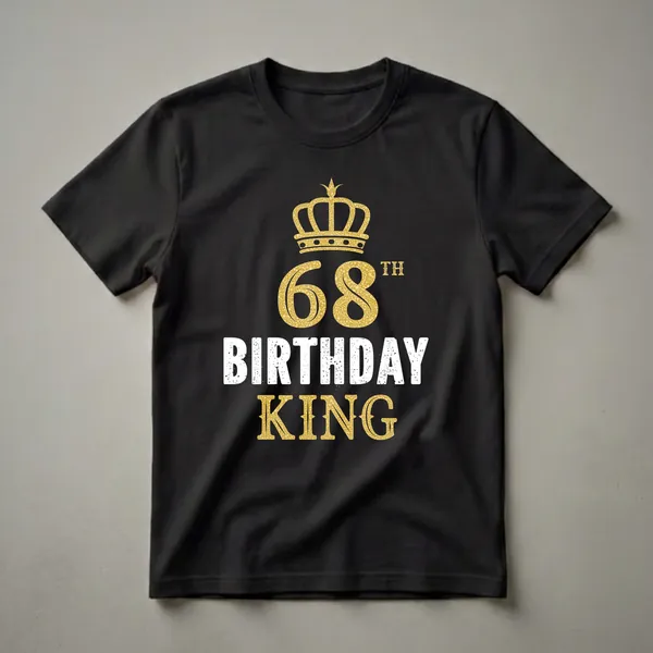 Black t-shirt with a gold textured crown above the number 68 and the words BIRTHDAY KING in distressed white and gold lettering.