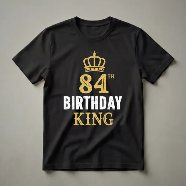 Black t-shirt with a golden crown above the number 84 and the words BIRTHDAY KING in distressed white and gold.