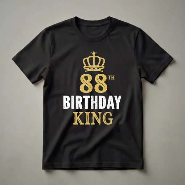 Black t-shirt with a golden crown graphic above the number 88 and the words BIRTHDAY KING in distressed white font.